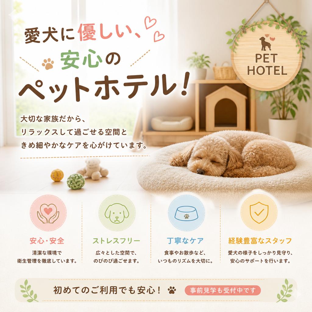 愛犬に優しい、安心のペットホテル！