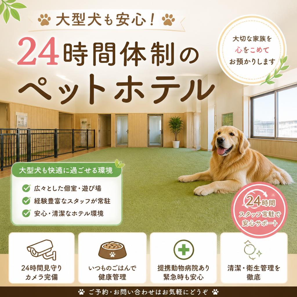 大型犬も安心！24時間体制のペットホテル